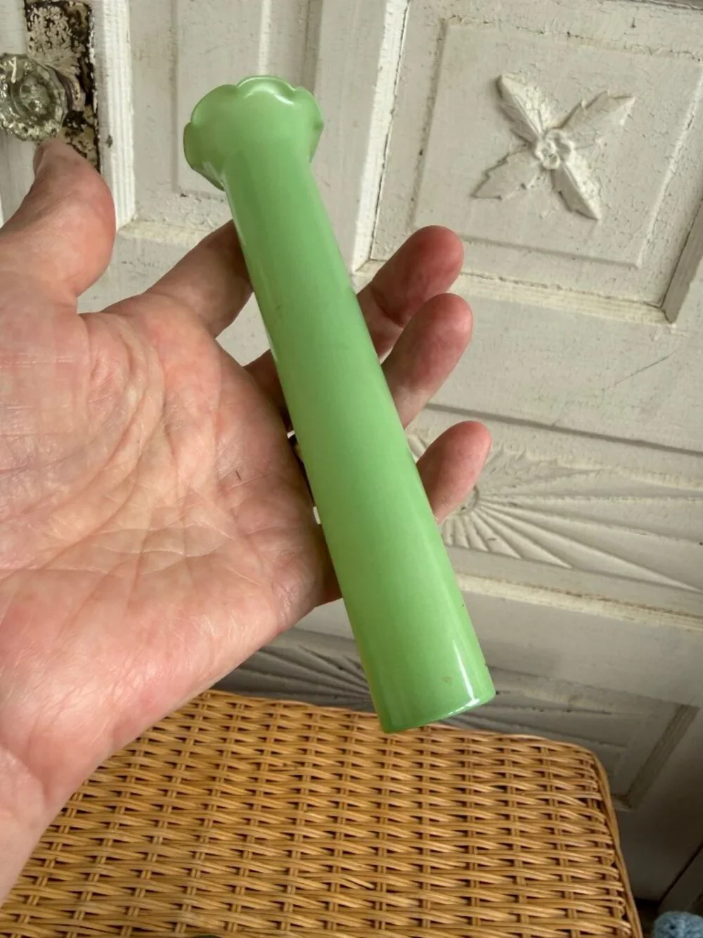 Antique 1910s Nouveau Green Opaline Glass Trumpet Bud Vase Metal Base